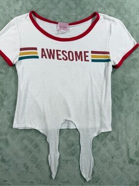 Chic Girlz Awesome Graphic Tie Front Crop Top White Red Trim Retro Y2K Women’s S